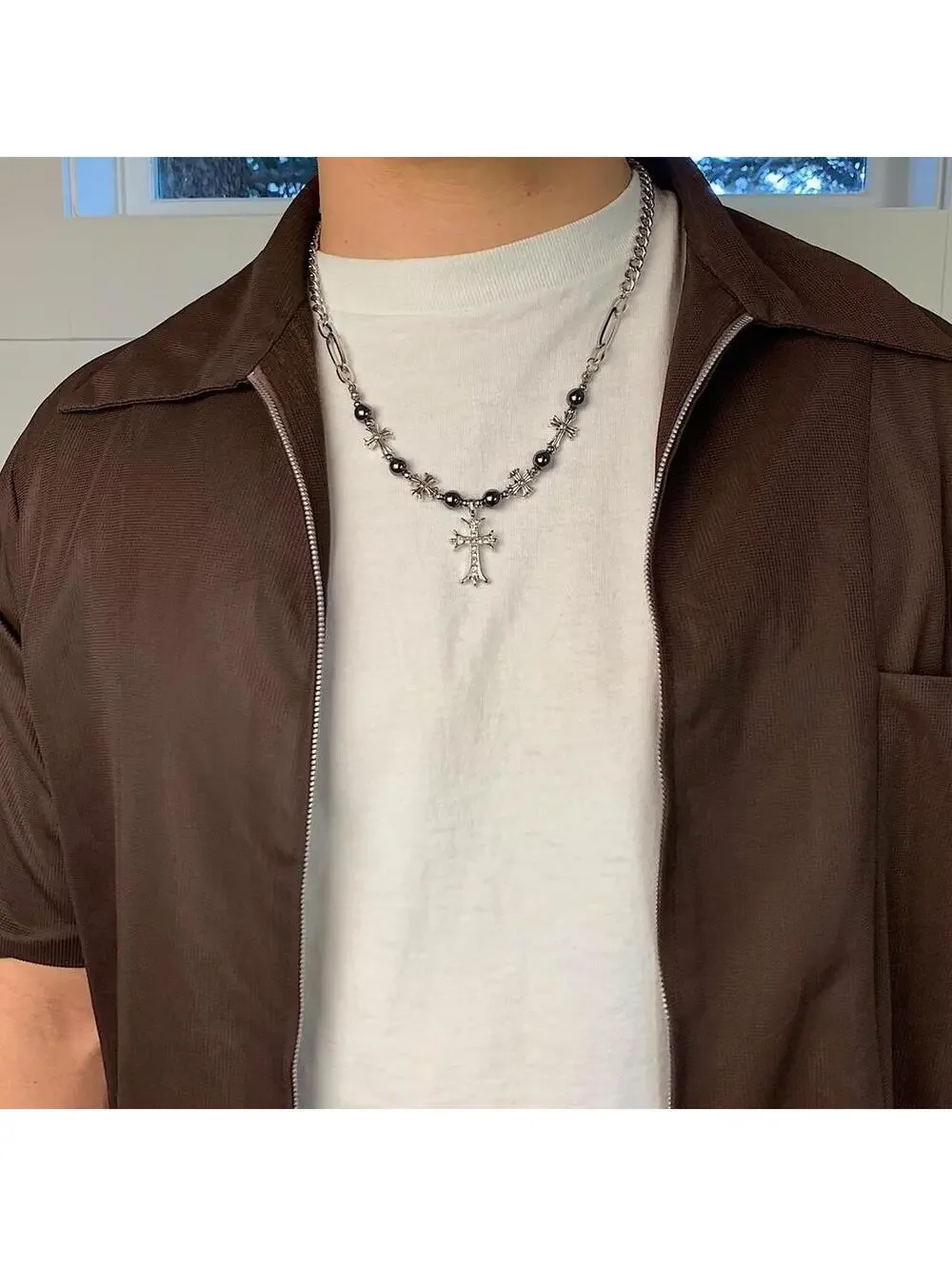 y2k 2000s style grunge chrome pearl rhinestone silver cross pendant Cuban link